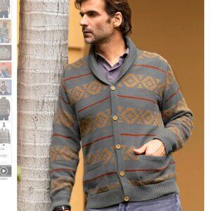 NWOT Gray Men's 100% Alpaca Cardigan from Peru, "Chakana Traveler" Size L Aztec